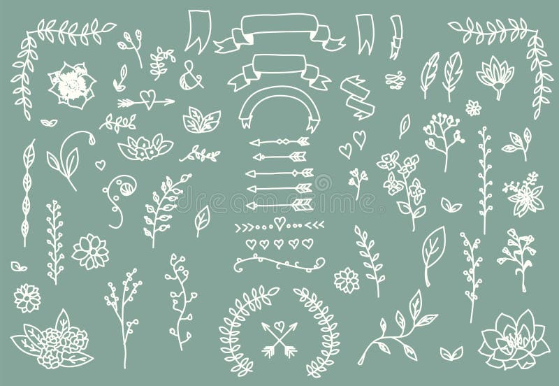 Frecce d'annata disegnate a mano, piume, divisori ed elementi floreali royalty illustrazione gratis