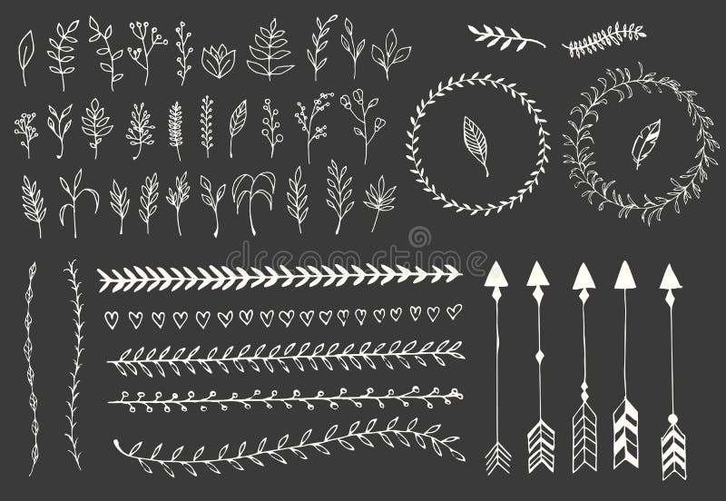 Frecce d'annata disegnate a mano, piume, divisori ed elementi floreali royalty illustrazione gratis