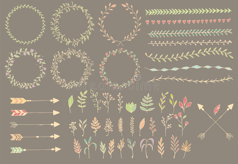 Frecce d'annata disegnate a mano, piume, divisori ed elementi floreali illustrazione vettoriale