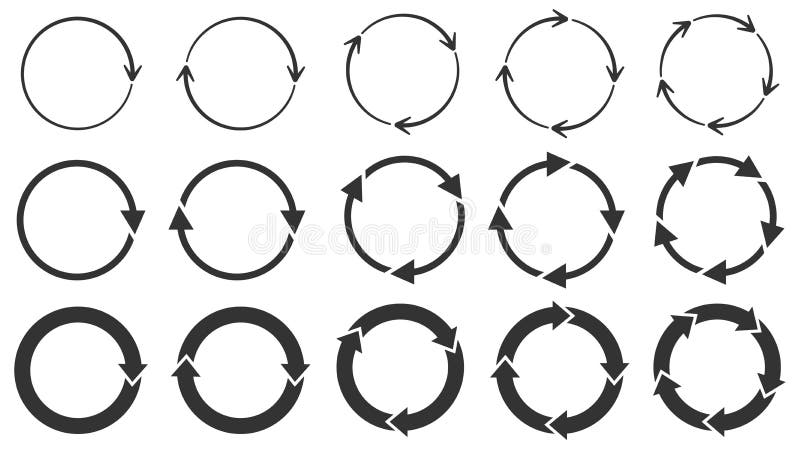 Frecce del cerchio Arrotondare l'icona di ricarica o ripetizione, ruotare la freccia e filmare il simbolo di carico Set vettorial