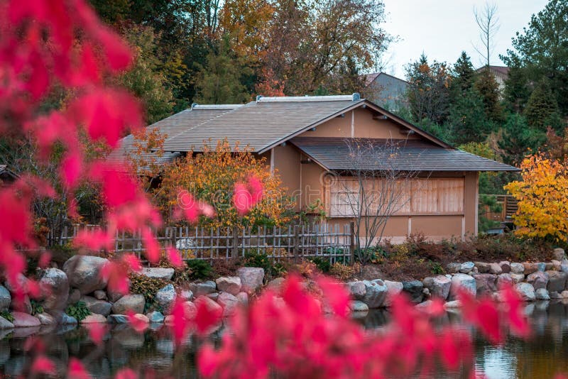 The tea house in the japanese gardens during the fall at the Frederik Meijer Gardens in Grand Rapids Michigan. The tea house in the japanese gardens during the fall at the Frederik Meijer Gardens in Grand Rapids Michigan