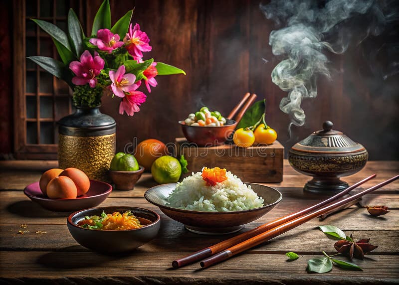 Fredlig buddist fortfarande Life Ancient Scrolls Incense och erbjuder en tillfällig meditation om andlig praxis stock illustrationer