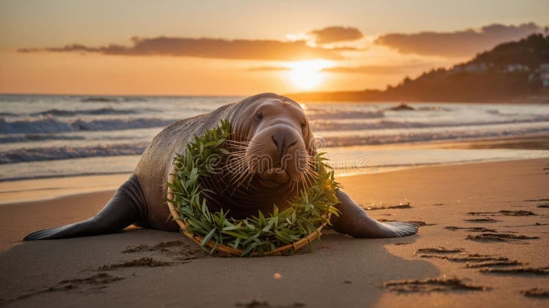 Fredlig Walrus på Sunset Beach med grön krans stock illustrationer