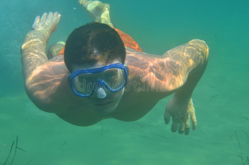 Free Diver Wearing Goggles Underwater Portrait Stock Photo Image of