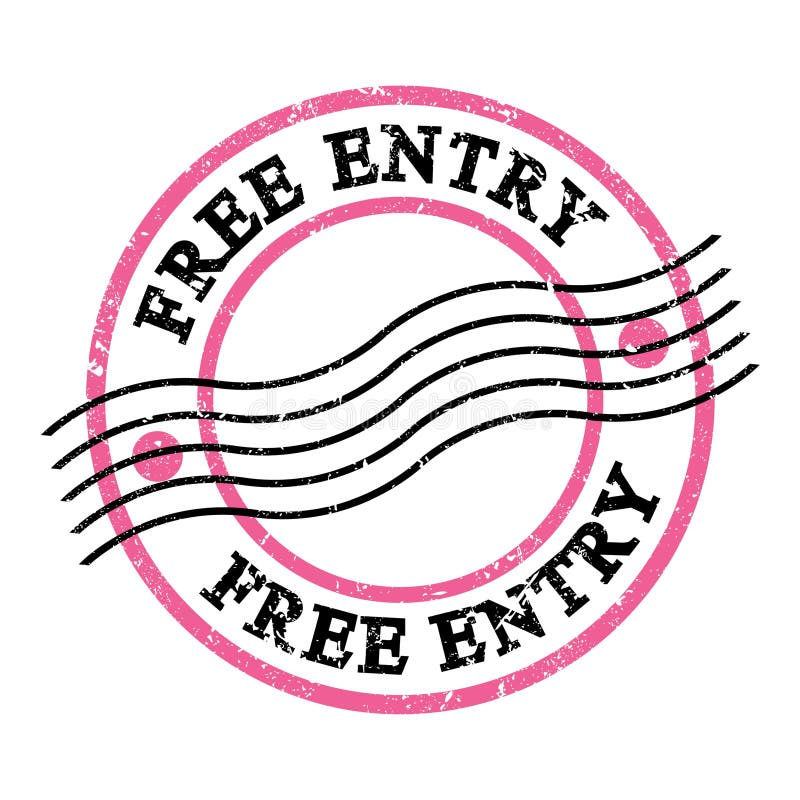 FREE ENTRY, text on pink-black grungy postal stamp vector illustration