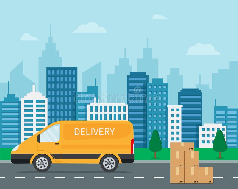 Free home delivery service by van. Yellow car with stack of parcel boxes on city road background. Flat style vector illustration