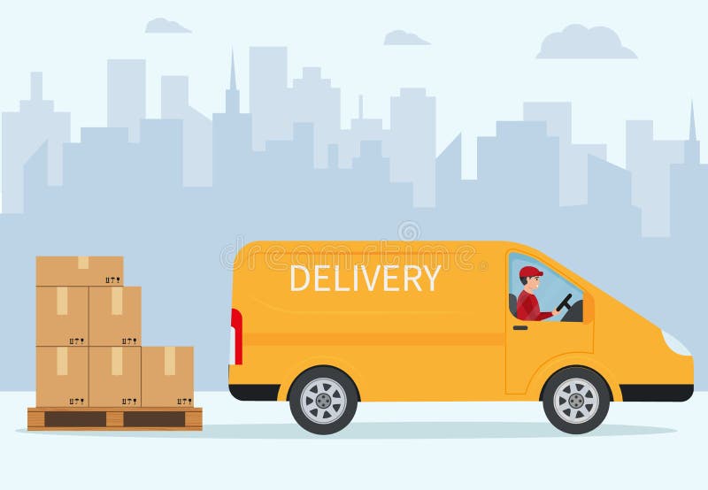 Free home delivery service by van. Yellow car with stack of parcel boxes on city road background. Flat style vector illustration