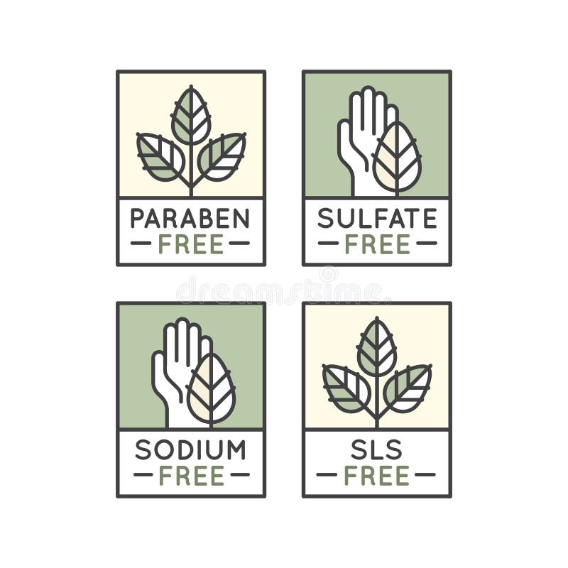 Isolated Vector Style Illustration Logo Set Badge Ingredient Warning Label Icons. GMO, SLS, Paraben, Cruelty, Sulfate, Sodium, Phosphate, Silicone, Preservative Free Organic Product Stickers