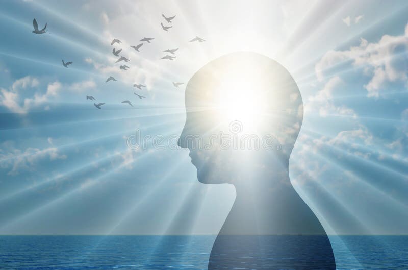 Summer blue sky with sun light,above water, man head silhouette, in front of the sun. Free thinking, nourish your mind, positive thoughts and good intentions, brain power concept wallpaper.