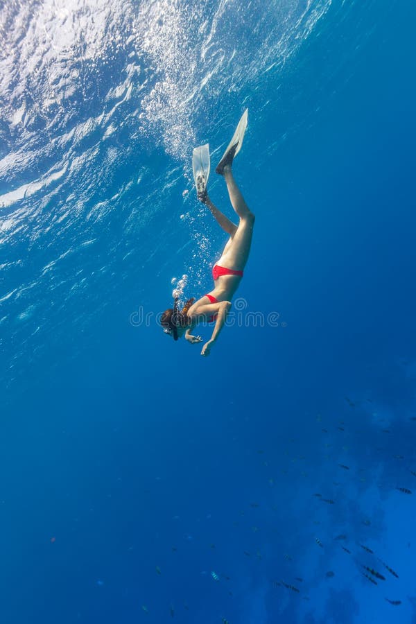 Freediver descends into Blue Water stock photography Freediver descends into Blue Water stock photography