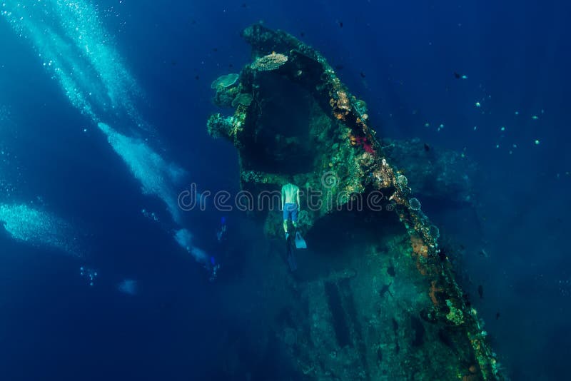 Freediver man dive underwater at shipwreck in Bali. Freediving stock photography Freediver man dive underwater at shipwreck in Bali. Freediving stock photography