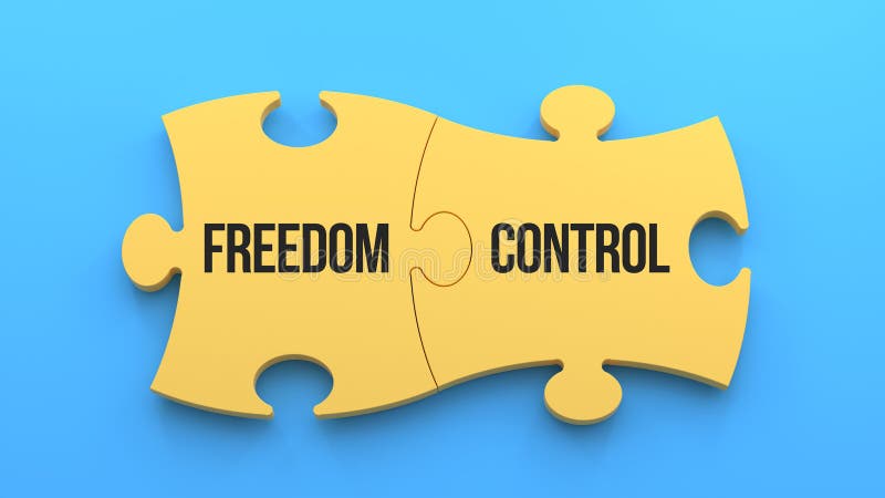 Freedom and control text message on jigsaw puzzle. Blue background,3d vector illustration