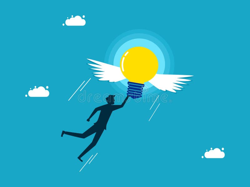 Freedom and Creativity. Man Flying with a Light Bulb Stock Vector