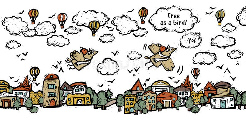 Freedom fly bird sky clouds houses isolate objects on white