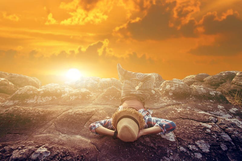 Freedom touristman relaxation with nature on sunset royalty free stock image Freedom touristman relaxation with nature on sunset royalty free stock image