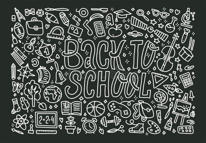 Freehand Chalk Drawing School Items on the Black Chalkboard. Back To School, Vector Illustration