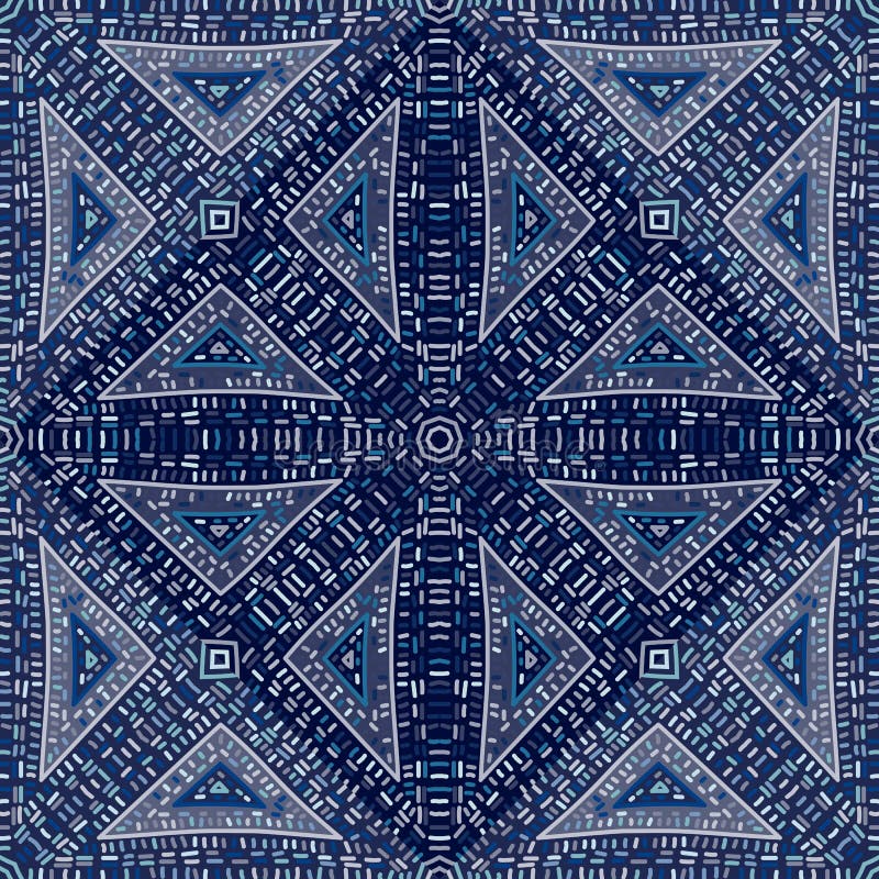 Freehand dash line mosaic seamless pattern. African embroidery ornament. Vintage boho tile. Abstract geometric ethnic wallpaper stock illustration