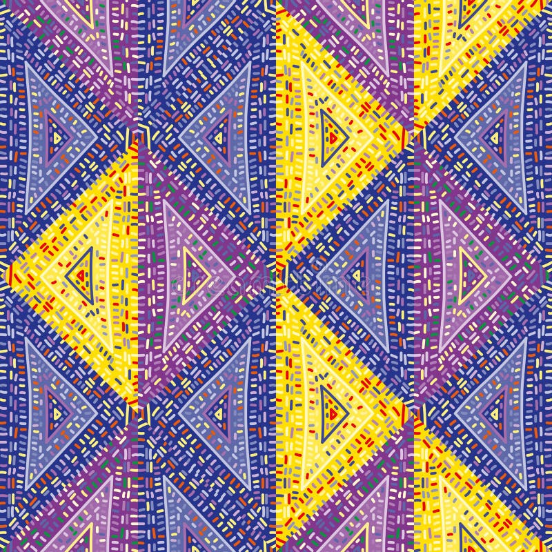 Freehand dash line mosaic seamless pattern. African embroidery ornament. Vintage boho tile. Abstract geometric ethnic wallpaper royalty free illustration