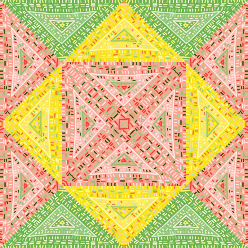 Freehand dash line mosaic seamless pattern. African embroidery ornament. Vintage boho tile. Abstract geometric ethnic wallpaper stock illustration