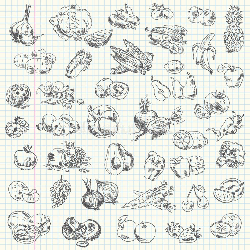 Freehand drawing fruit and vegetables