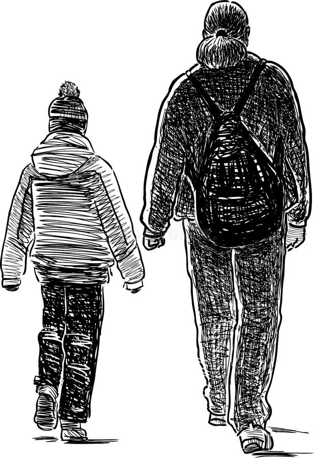 Freehand Drawing of Parent with His Child Walking Outdoors Stock