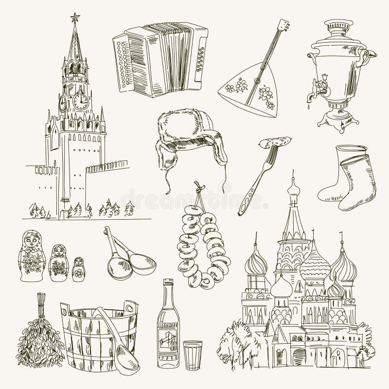 Freehand drawing Russia items stock illustration Freehand drawing Russia items stock illustration
