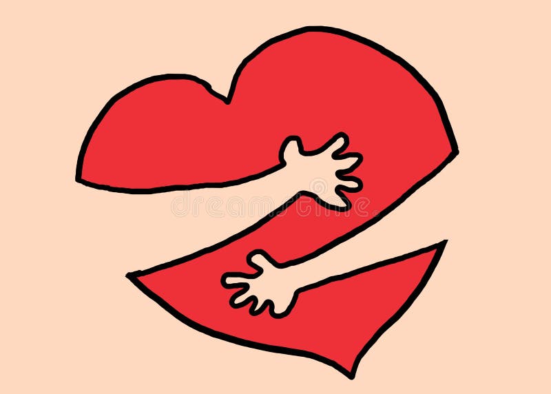 A pair of arms and hands hugging a red heart shape against a light orange backdrop