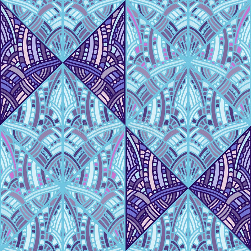 Freehand line mosaic seamless pattern. Vintage boho tile ornament. Creative doodle style backdrop. Abstract geometric ethnic tile vector illustration