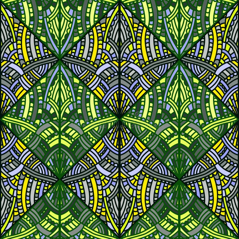 Freehand line mosaic seamless pattern. Vintage boho tile ornament. Creative doodle style backdrop. Abstract geometric ethnic tile stock illustration