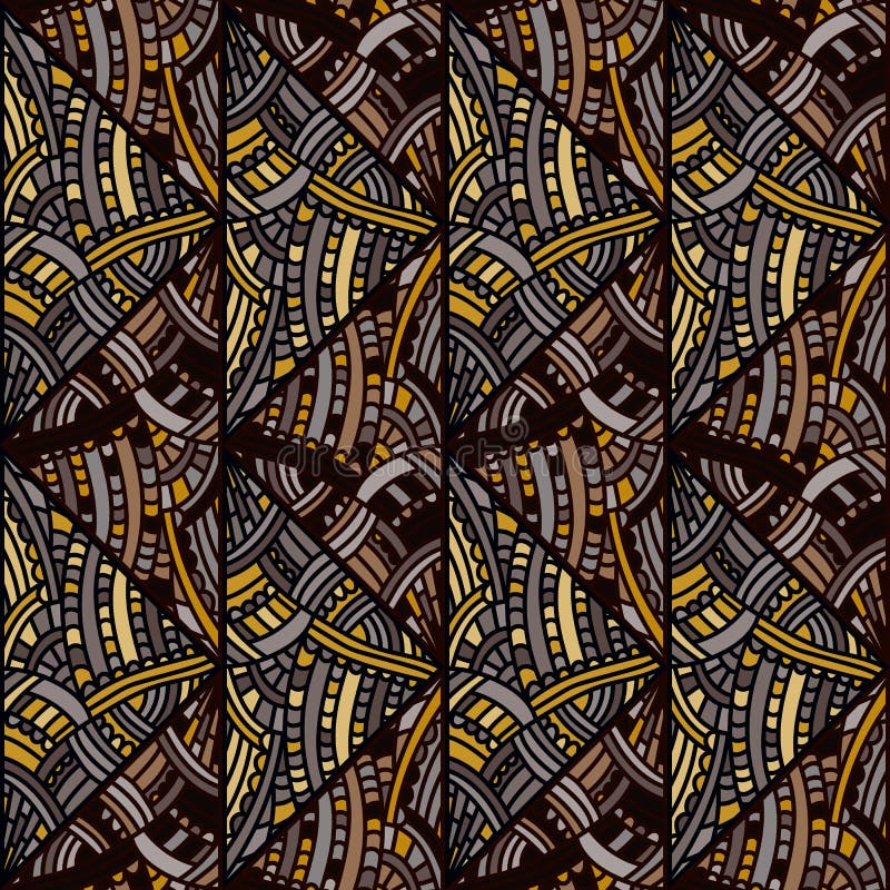 Freehand line mosaic seamless pattern. Vintage boho tile ornament. Creative doodle style backdrop. Abstract geometric ethnic tile stock illustration
