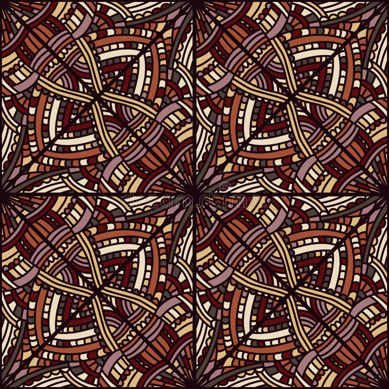 Freehand line mosaic seamless pattern. Vintage boho tile ornament. Creative doodle style backdrop. Abstract geometric ethnic tile vector illustration