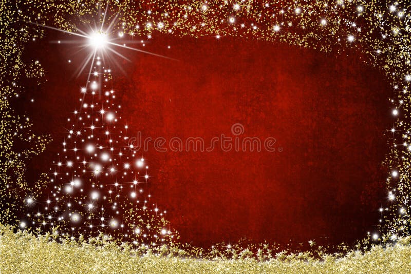 Christmas postcard, freehand drawn christmas tree with stars and golden glitter on red background with space for text message. Christmas postcard, freehand drawn christmas tree with stars and golden glitter on red background with space for text message