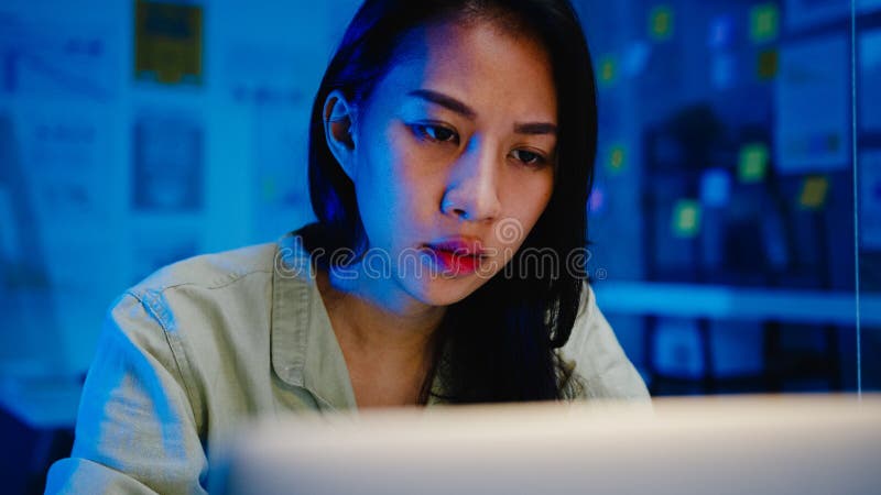 Freelance Asia Women Using Laptop Hard Work At New Normal Office Working From Home Overload At