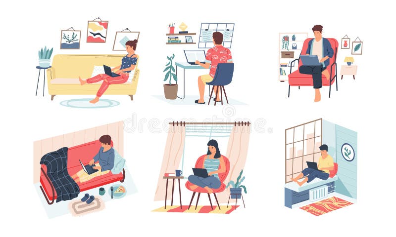 Freelance. Cartoon young people in casual clothes remotely working from home. Quarantine isolation. Men and women