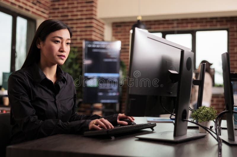 Freelance coder builds server code algorithm freelance coder programming server code algorithm on computer typing server data in