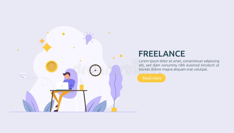Freelance concept. freelancer teleworking or work at home. people character working with laptop. flat template for web landing royalty free illustration Freelance concept. freelancer teleworking or work at home. people character working with laptop. flat template for web landing royalty free illustration