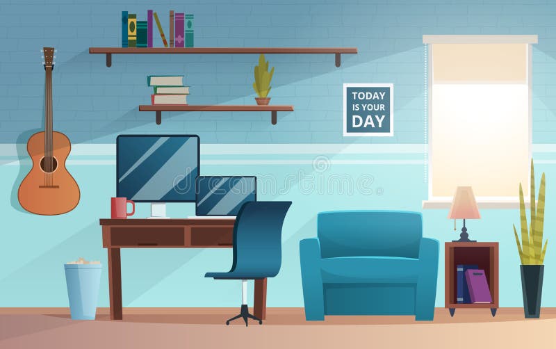 Freelance interior. Working place of student office vector home modern freelance workspace computer table sofa royalty free illustration