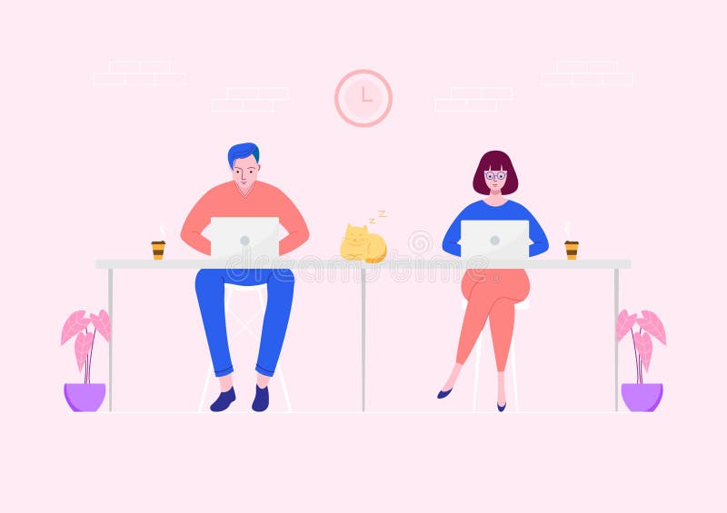 Freelance mensen die aan laptop bij werkruimte werken stock illustratie Freelance mensen die aan laptop bij werkruimte werken stock illustratie