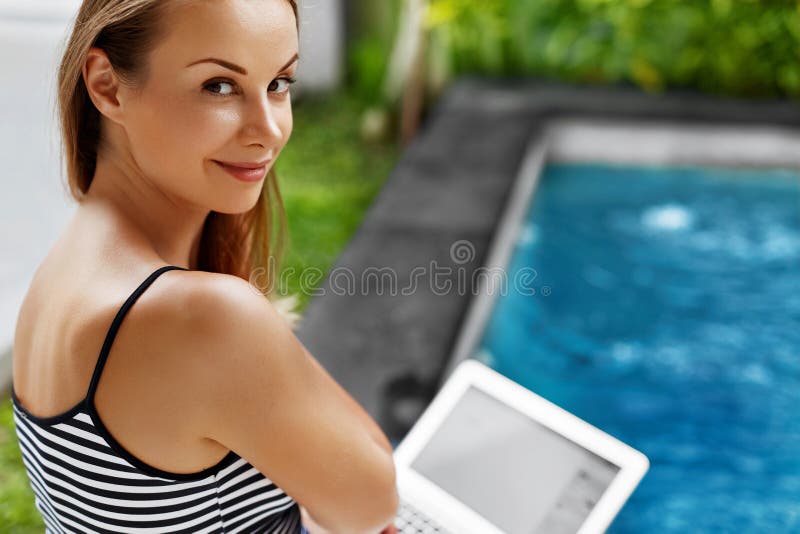 Freelance Work Concept. Freelancer Woman Typing, Using Laptop Computer stock photos Freelance Work Concept. Freelancer Woman Typing, Using Laptop Computer stock photos