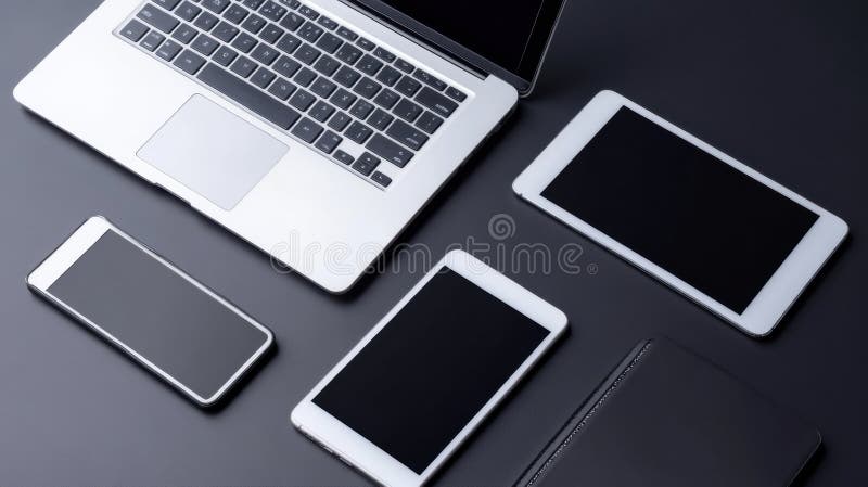 Freelancer multitasking with laptop, smartphone, and tablet in a modern organized workspace stock photography