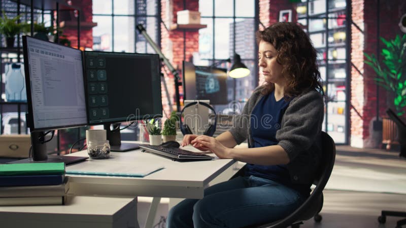 Freelancer femme utilise un assistant en ligne AI pour automatiser la génération de texte banque de vidéos