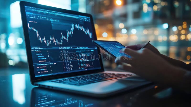 Multitasking freelancer using laptop, smartphone, and tablet in a modern workspace at night for productive digital work stock image