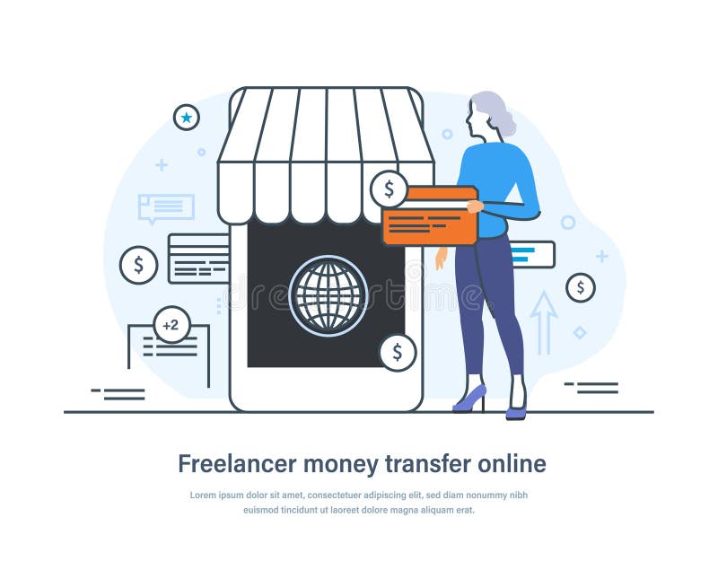 Freelancer money transfer online e-commerce banner. strona internetowa aplikacji online do płatności za pracę i wynagrodzenie onli ilustracja wektor