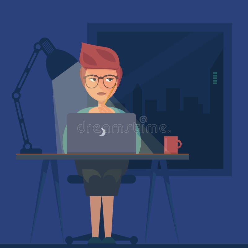 Freelancer que trabalha no conceito da noite ilustração do vetor