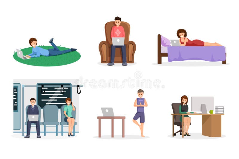 Freelancers flat design characters vector set. Outsource workers using laptop at park, transport cartoon illustrations