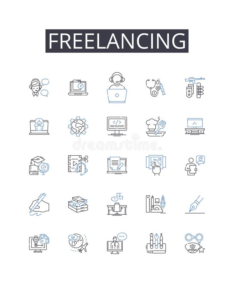 Freelancing line icons collection. Self-employment, Independent work, Outsourcing, Work from home, Remote work, Side stock illustration