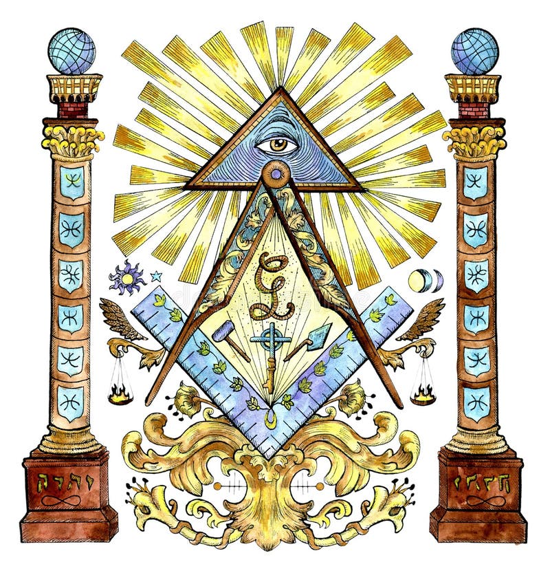 Watercolor illustration with freemason and mysterious symbols isolated on white