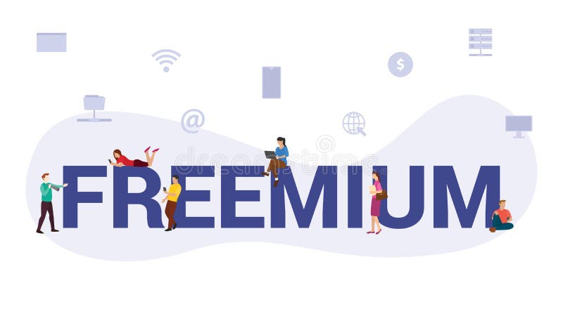 Freemium freeware software business concept with big word or text and team people with modern flat style royalty free illustration