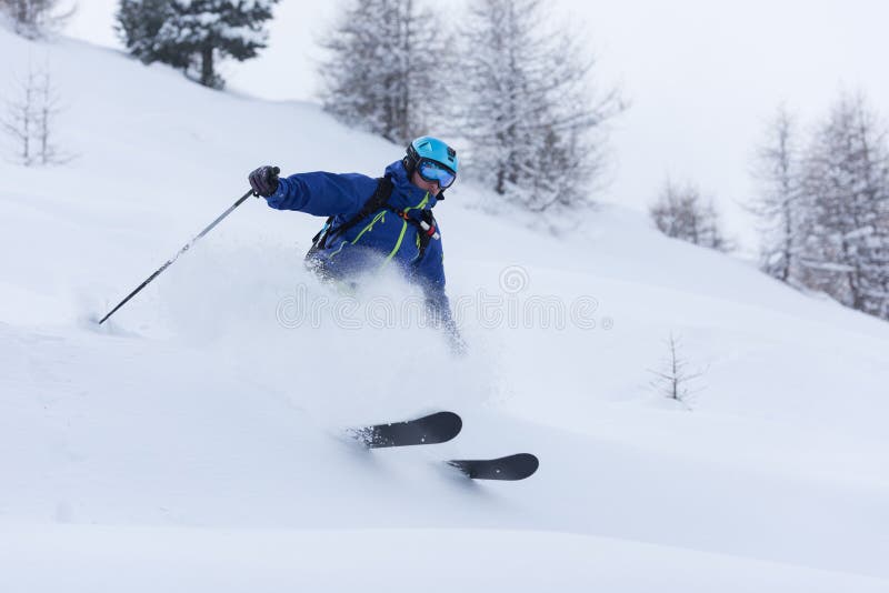 Extreme freeride skier skiing on fresh powder snow in forest downhill at winter season. Extreme freeride skier skiing on fresh powder snow in forest downhill at winter season