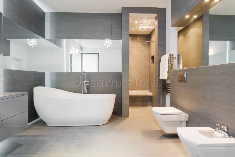 Progettato vasca in grigio e bagno moderno.